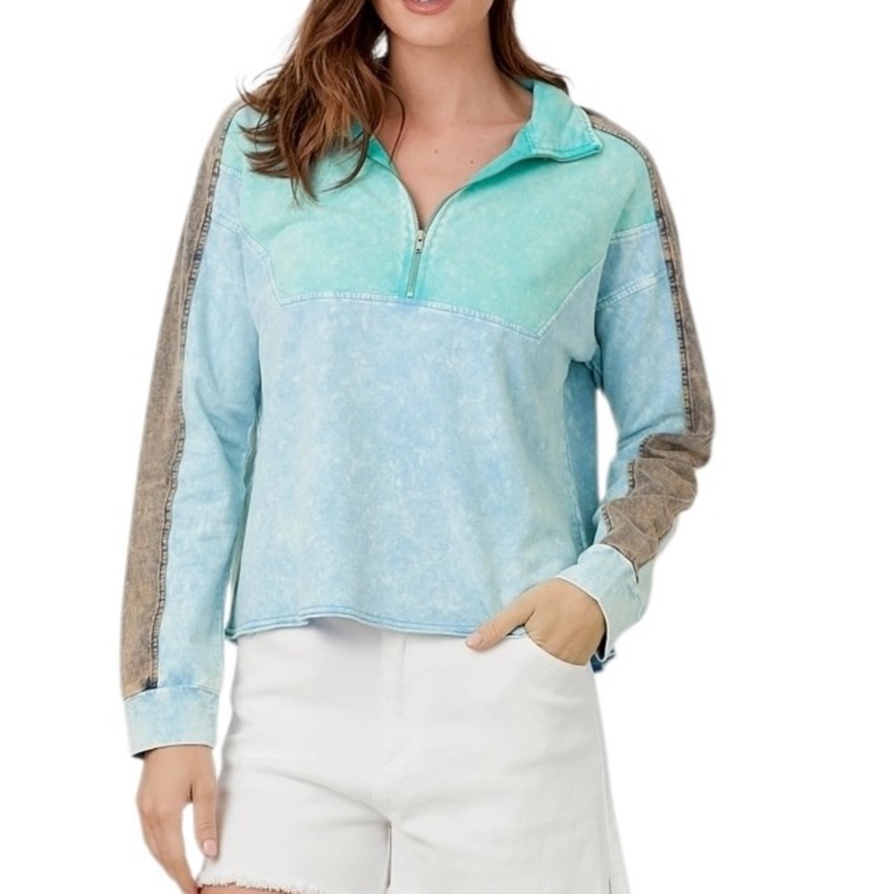 Mystree Color Block Terry Pullover Teal Mineral Wash Size Large
